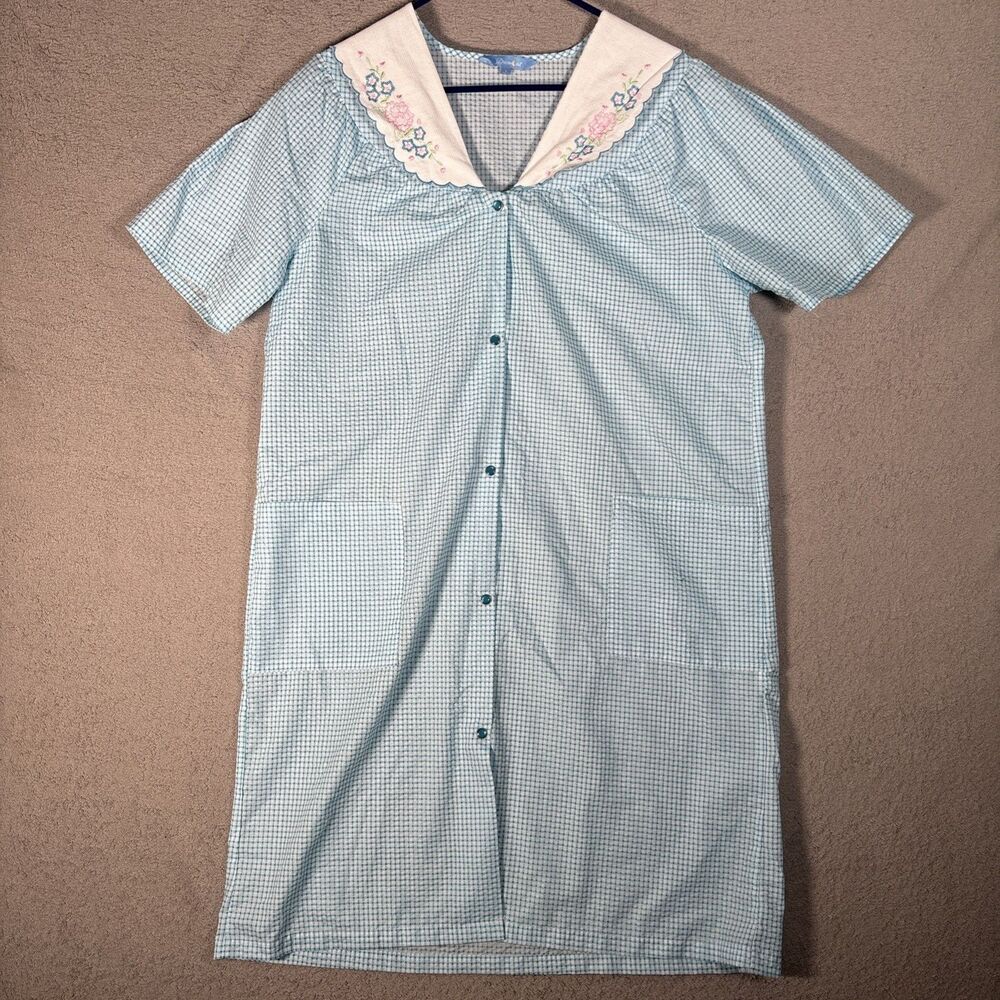 Dreamcrest House Dress Womens Size L Pastel Blue Gingham Plaid Pearl Snap MuuMuu